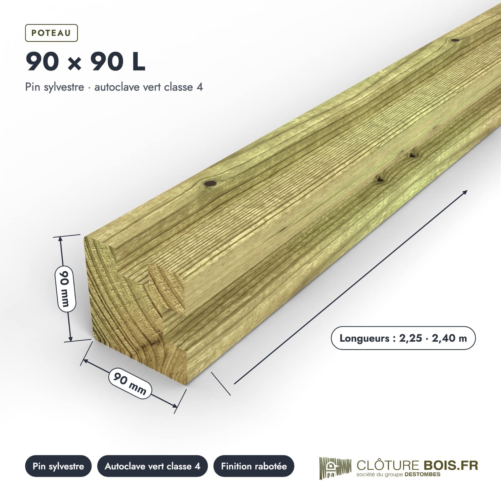 Poteau d'angle bois 90x90 rainuré en L : pièce cotée et longueurs