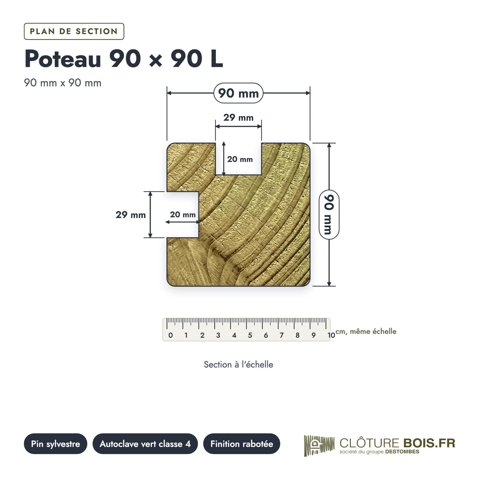 Poteau d'angle bois 90x90 rainuré en L : plan de section coté