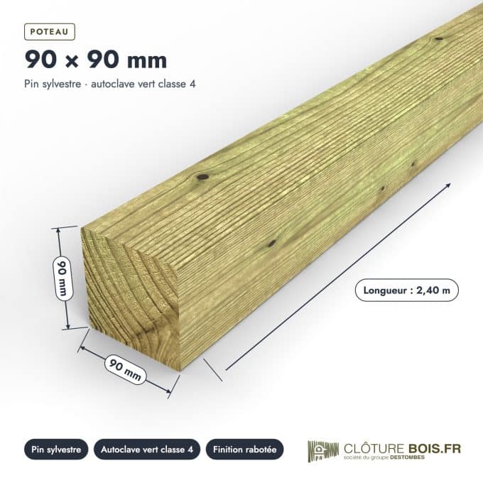 Poteau de clôture 90x90 en pin autoclave vert : pièce cotée et longueurs