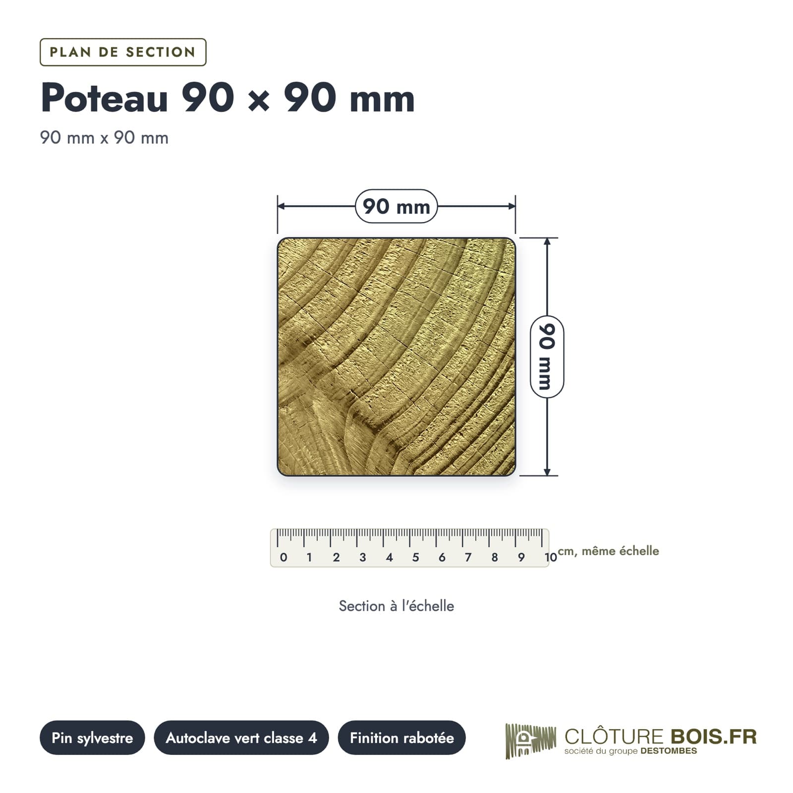 Poteau de clôture 90x90 en pin autoclave vert : plan de section coté