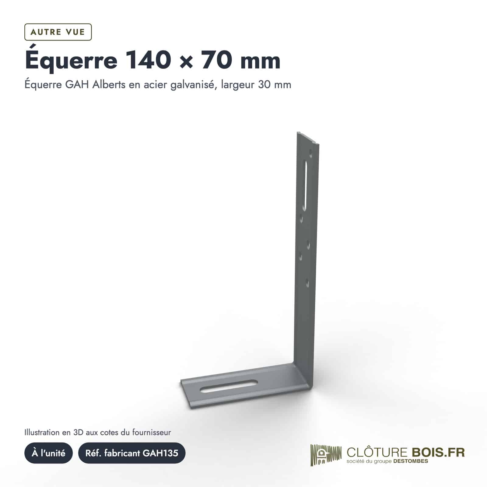 Équerre galvanisée 140x70 mm, largeur 30 mm, épaisseur 1,5 mm, à l'unité : boite ou ensemble