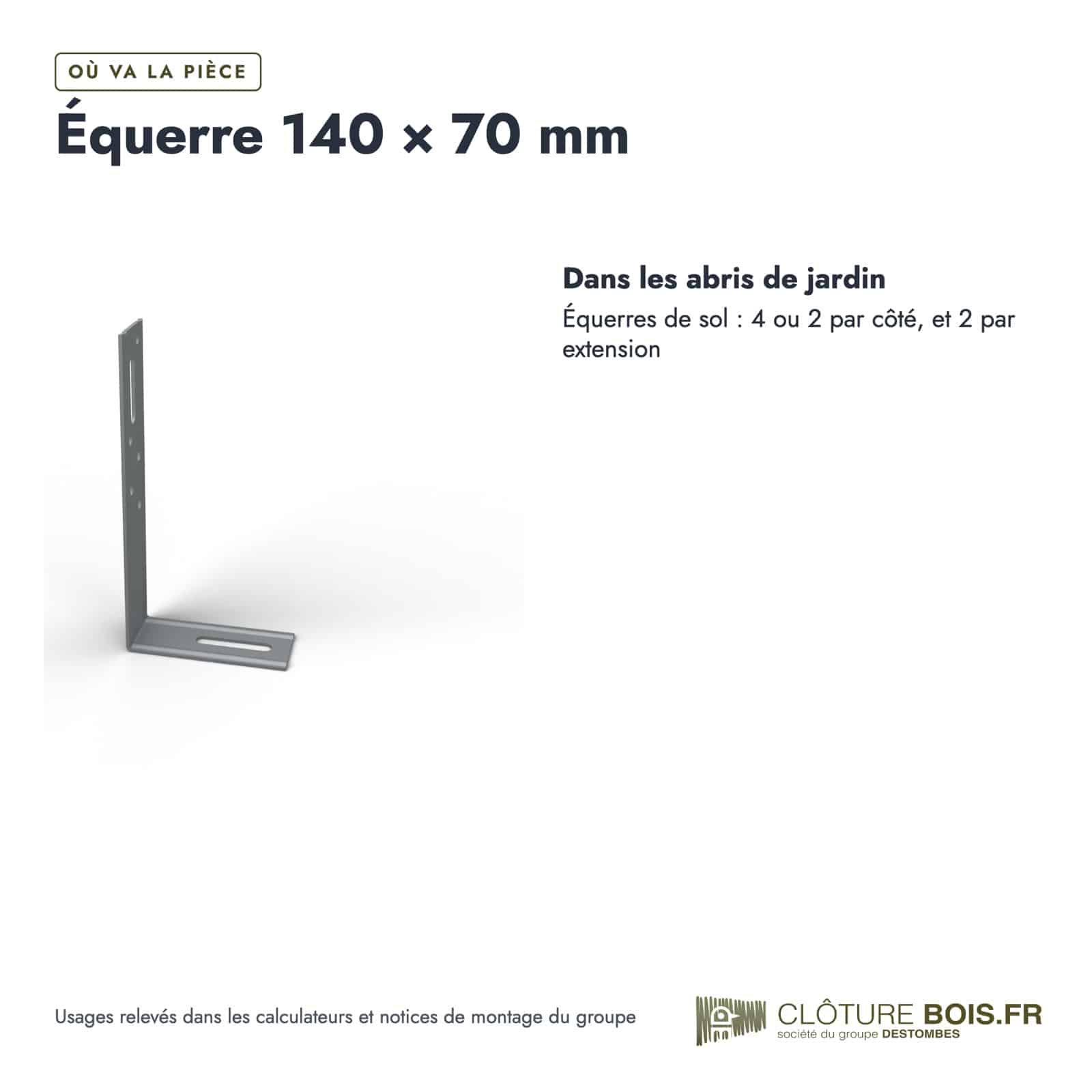 Équerre galvanisée 140x70 mm, largeur 30 mm, épaisseur 1,5 mm, à l'unité : usages