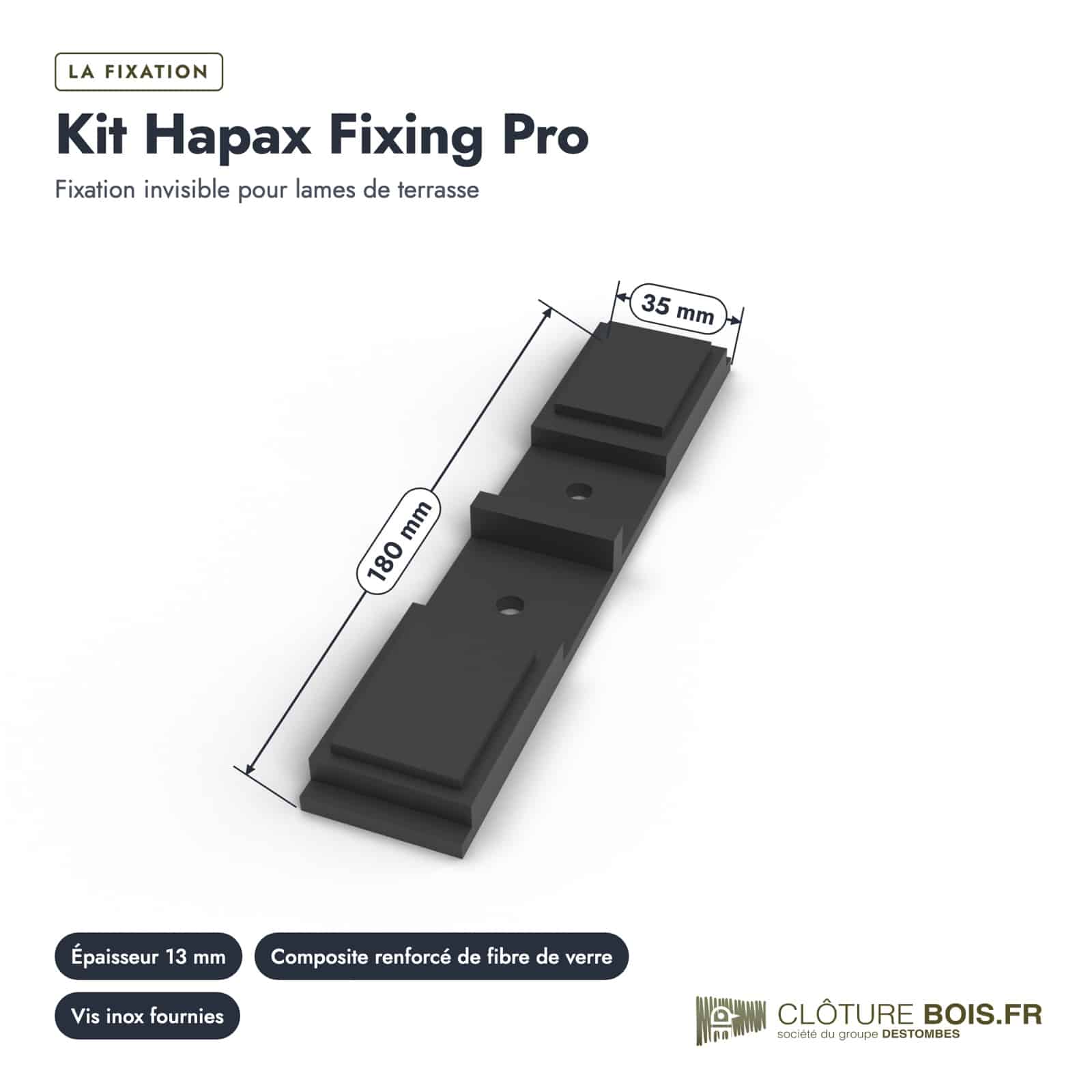 Kit Hapax Fixing Pro pour lames de 19 à 27 mm, 100 fixations et 300 vis inox : piece cotee