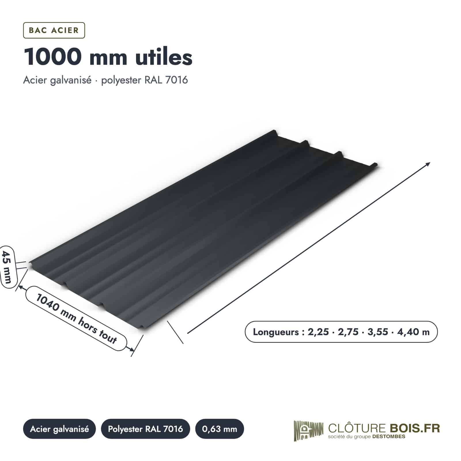 Tôle bac acier anthracite RAL 7016, 63/100, profil Tolebac : pièce cotée et longueurs