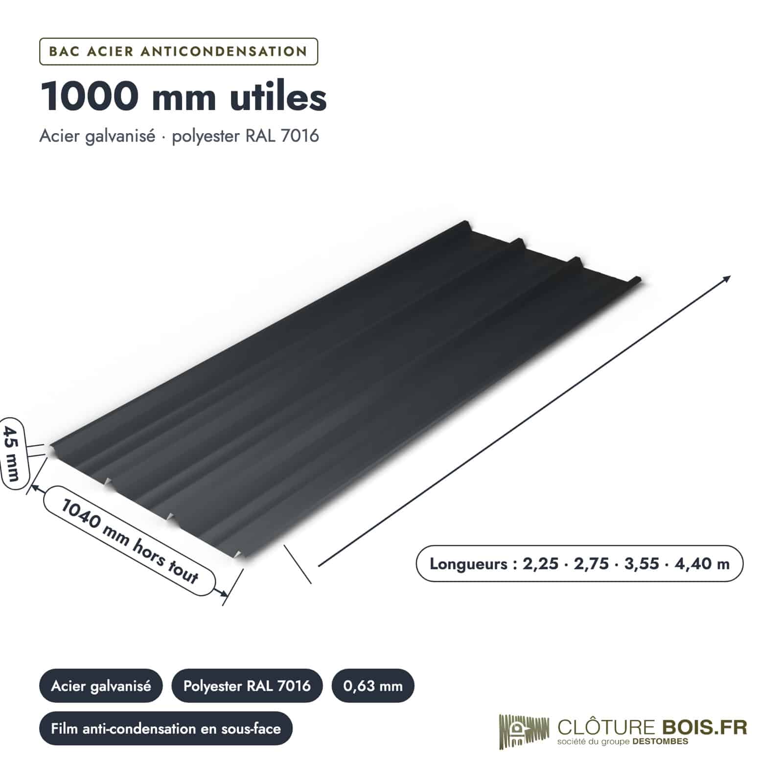 Bac acier anti-condensation anthracite RAL 7016, film 95 g/m² : pièce cotée et longueurs
