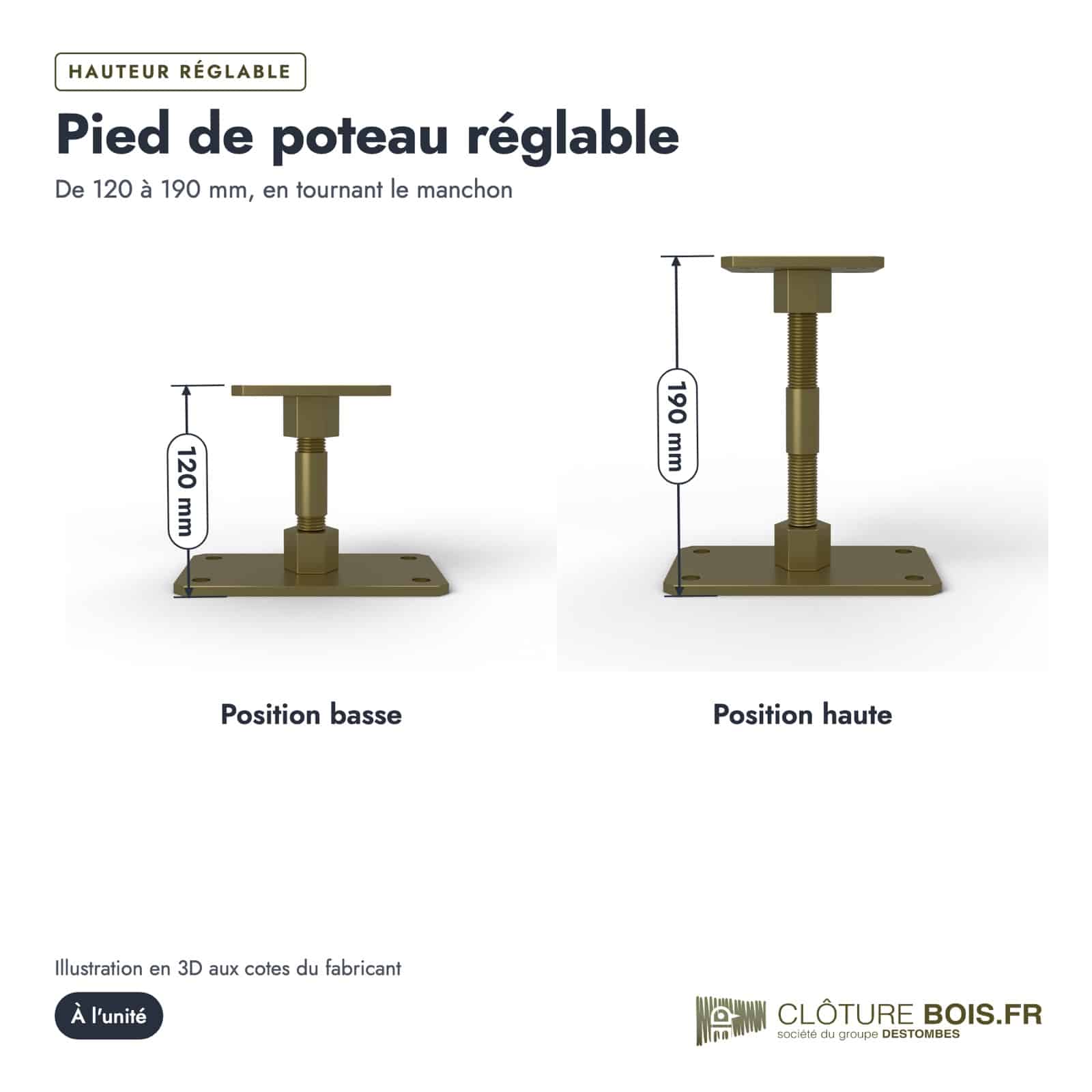 Pied de poteau réglable 90x90, platine 90x160 mm, hauteur 120 à 190 mm : boite ou ensemble