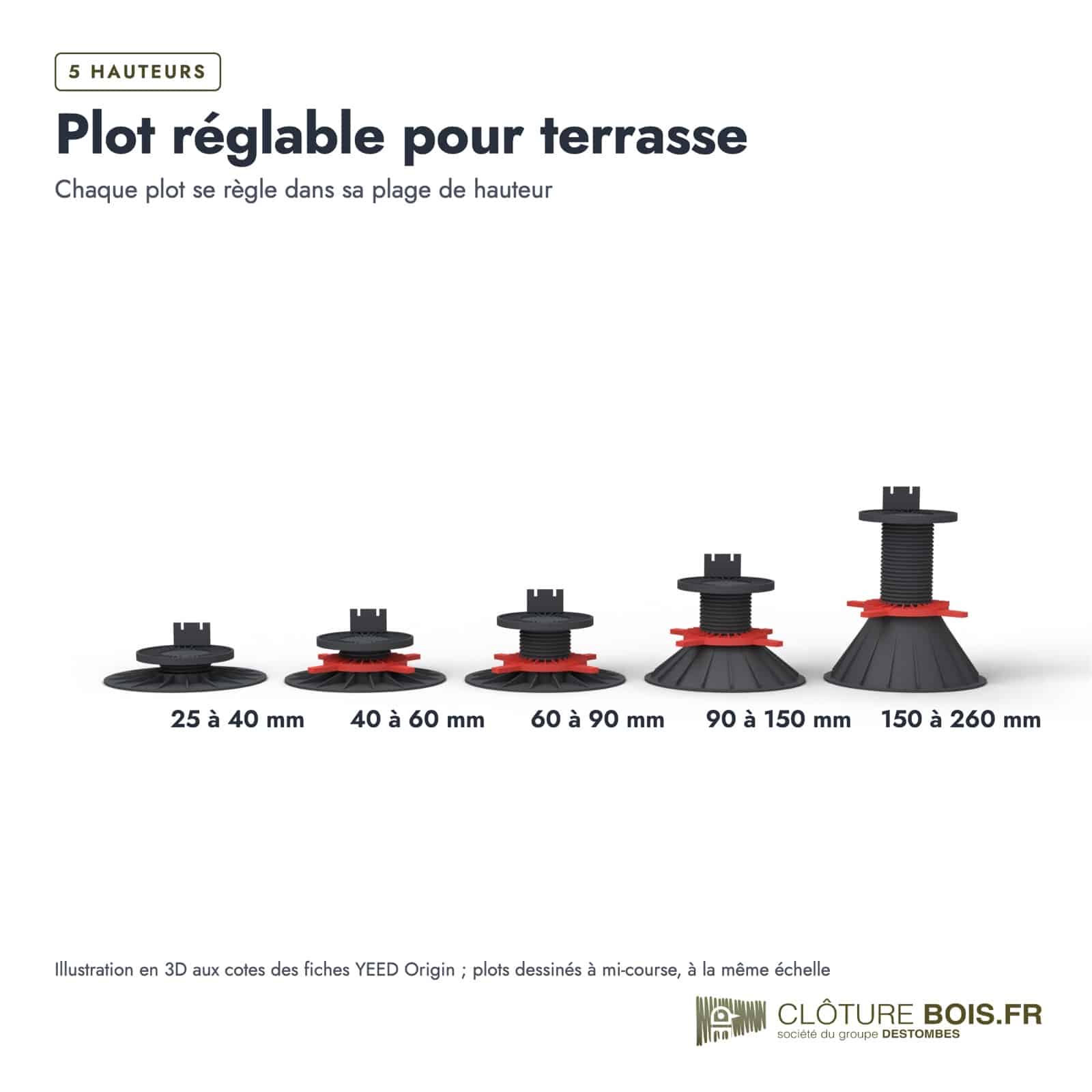 Plots réglables terrasse YEED, 5 hauteurs de 25 à 260 mm, à l'unité : boite ou ensemble