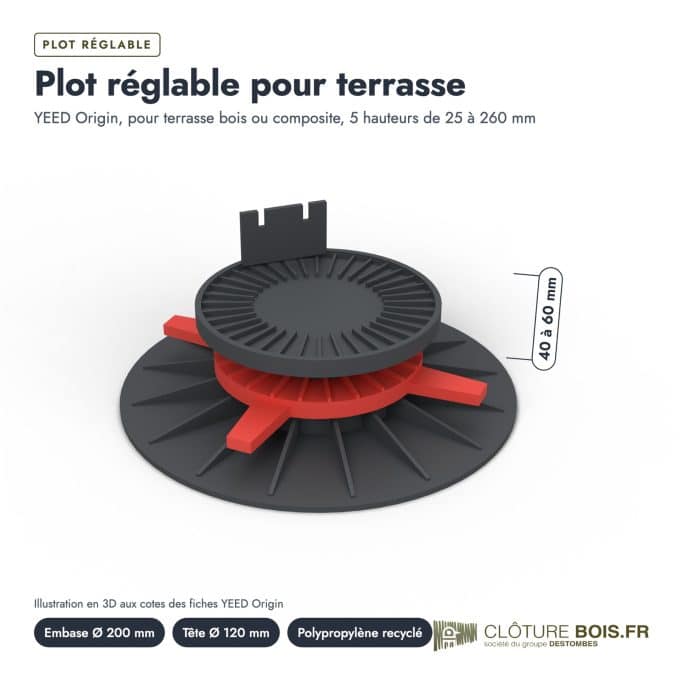 Plots réglables terrasse YEED, 5 hauteurs de 25 à 260 mm, à l'unité : piece cotee