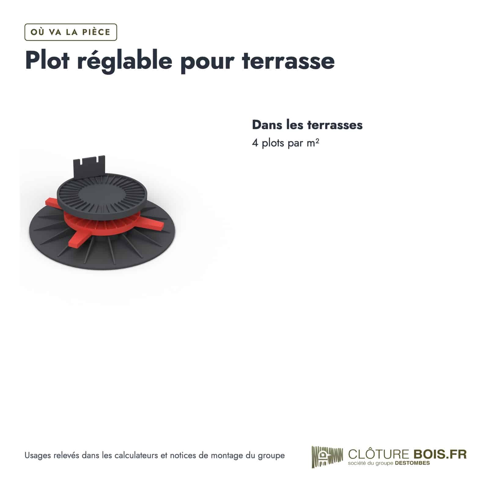 Plots réglables terrasse YEED, 5 hauteurs de 25 à 260 mm, à l'unité : usages