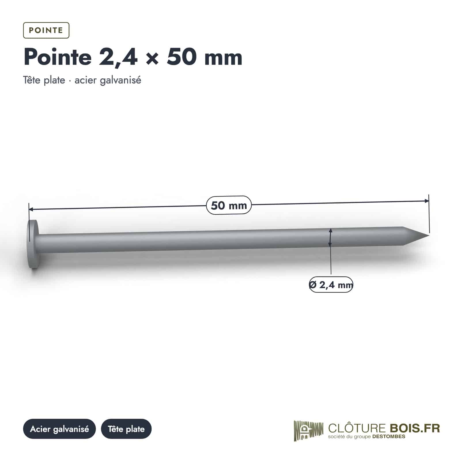 Pointes galvanisées 2,4x50 à tête plate, boîte de 5 kg ou sachet de 100 : piece cotee