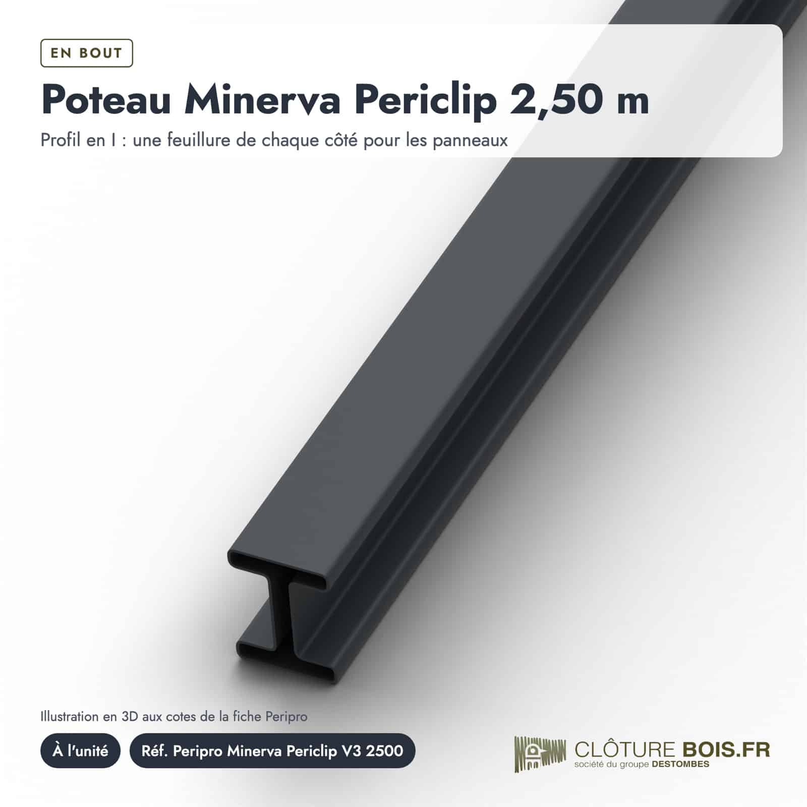 Poteau métallique clôture à feuillure 68x52 mm, longueur 2,50 m, RAL 7016 : boite ou ensemble