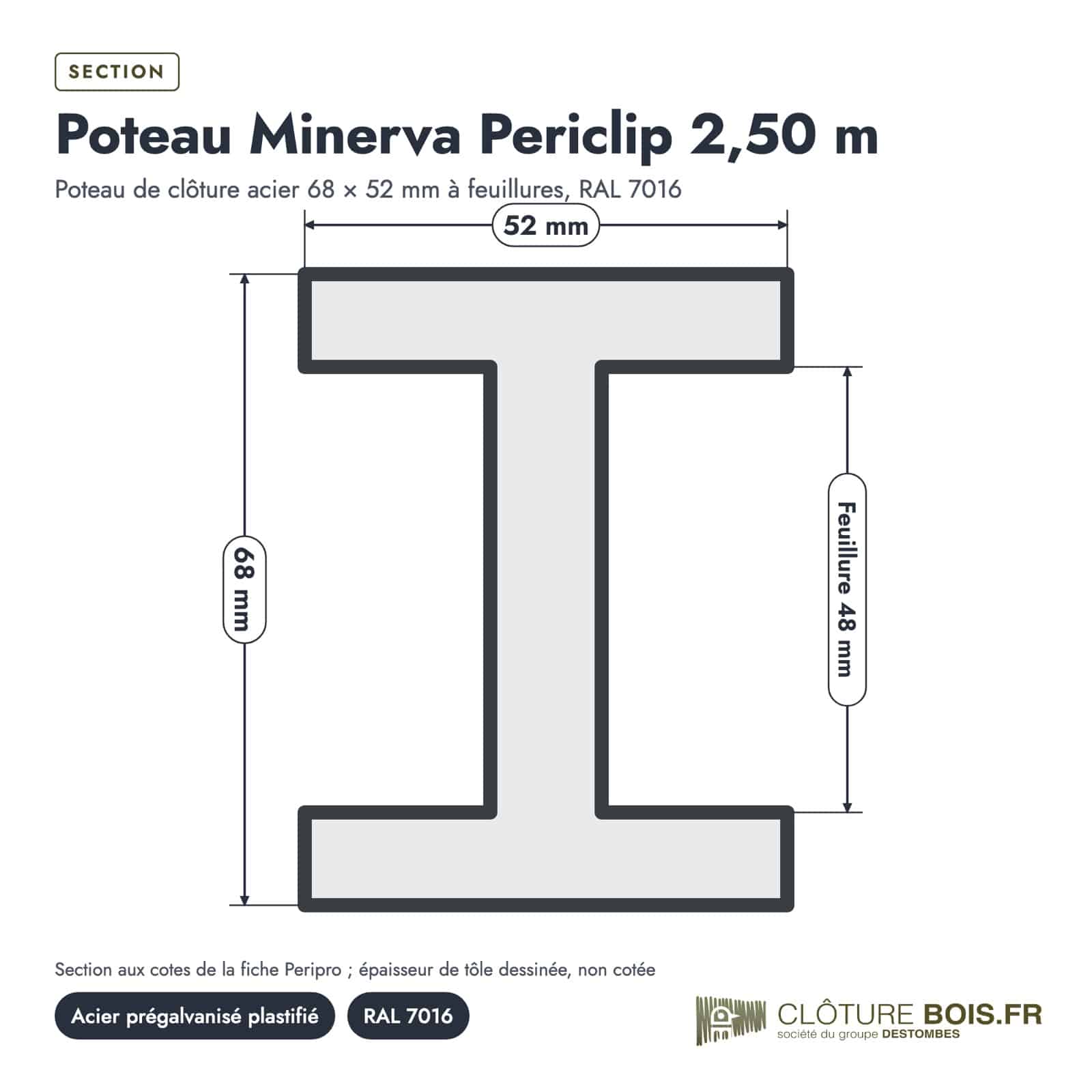 Poteau métallique clôture à feuillure 68x52 mm, longueur 2,50 m, RAL 7016 : piece cotee