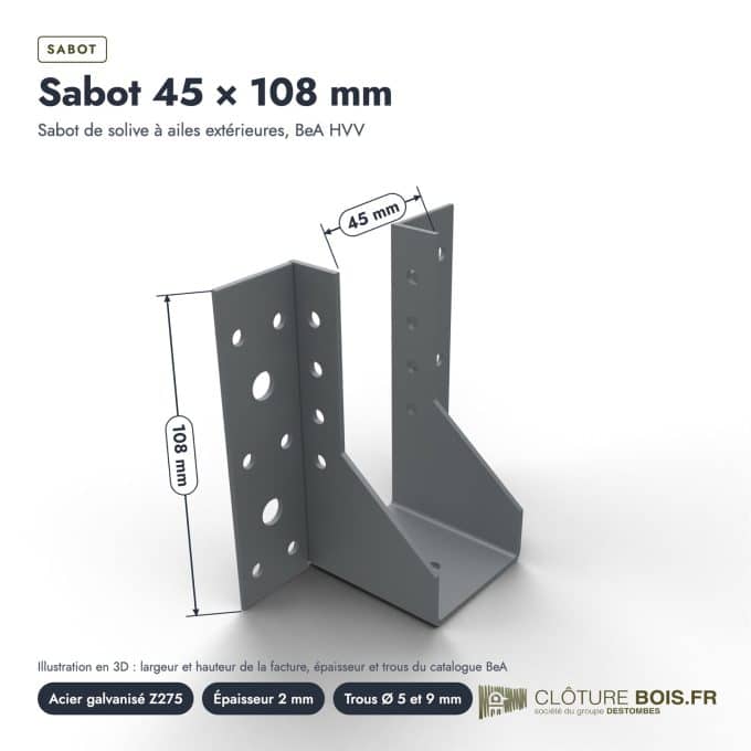 Sabot à ailes extérieures BeA en acier galvanisé, 45x108, 72x154 et 140x180 mm : piece cotee