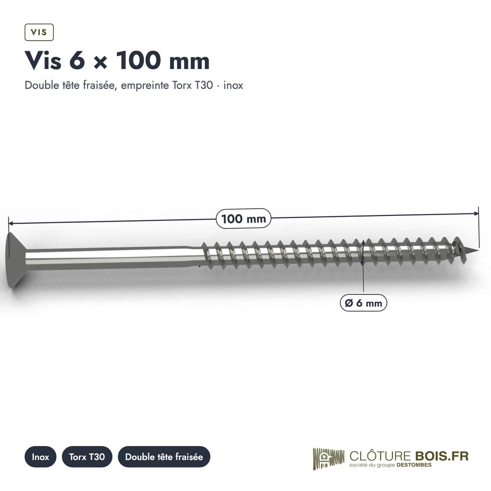 Vis 6x100 structure, acier zingué ou inox A2, Torx T30, boîte de 100 : piece cotee