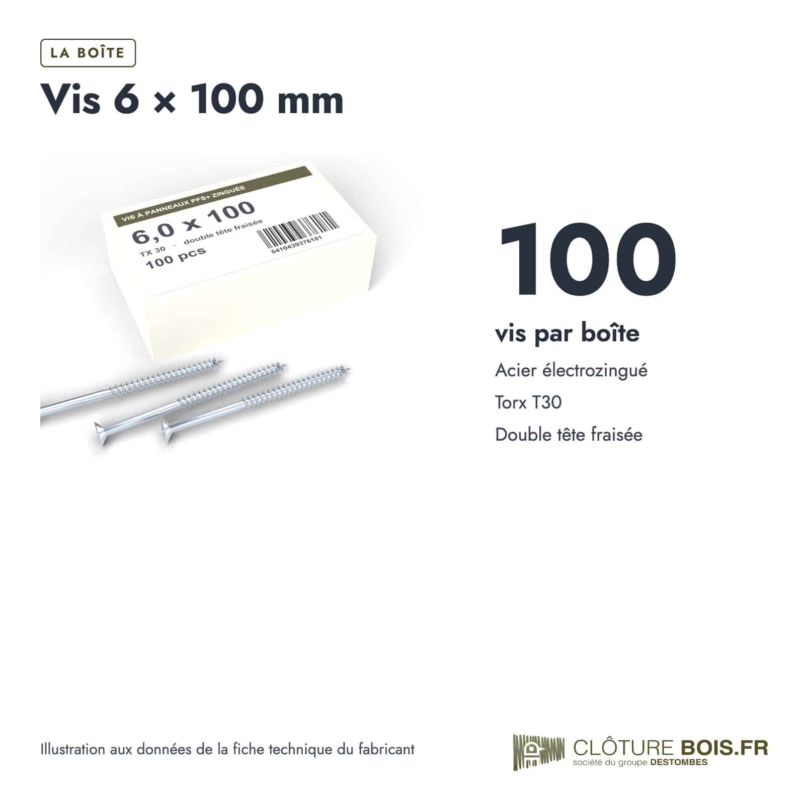 Vis 6x100 structure, acier zingué ou inox A2, Torx T30, boîte de 100 : boite ou ensemble