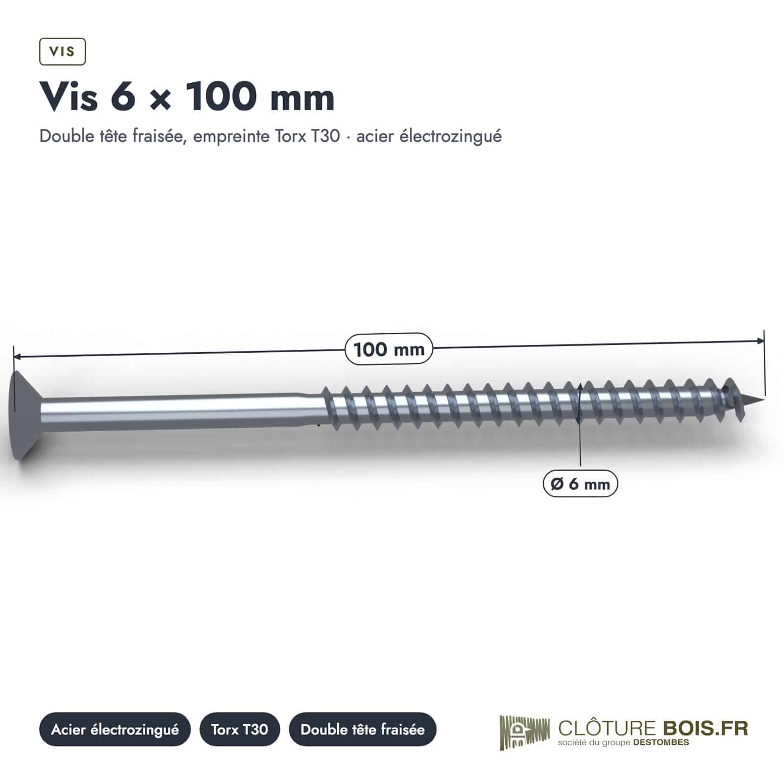 Vis 6x100 structure, acier zingué ou inox A2, Torx T30, boîte de 100 : piece cotee