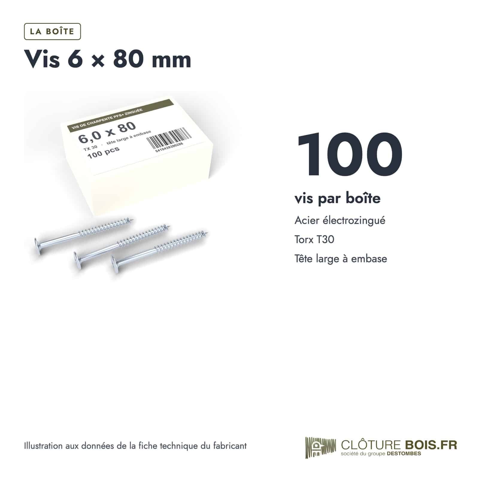 Vis à embase zinguée 6x80, 8x80 et 8x100, tête large, boîtes de 100 ou 50 : boite ou ensemble