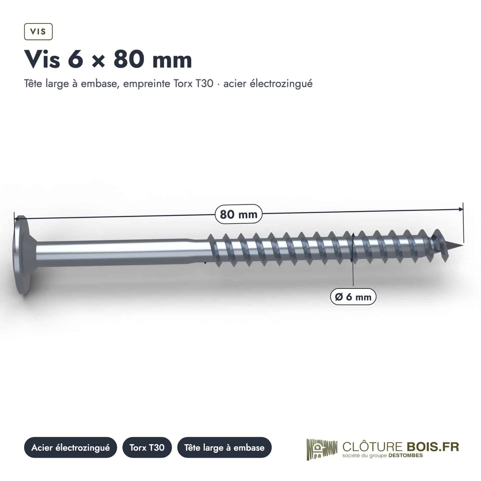 Vis à embase zinguée 6x80, 8x80 et 8x100, tête large, boîtes de 100 ou 50 : piece cotee
