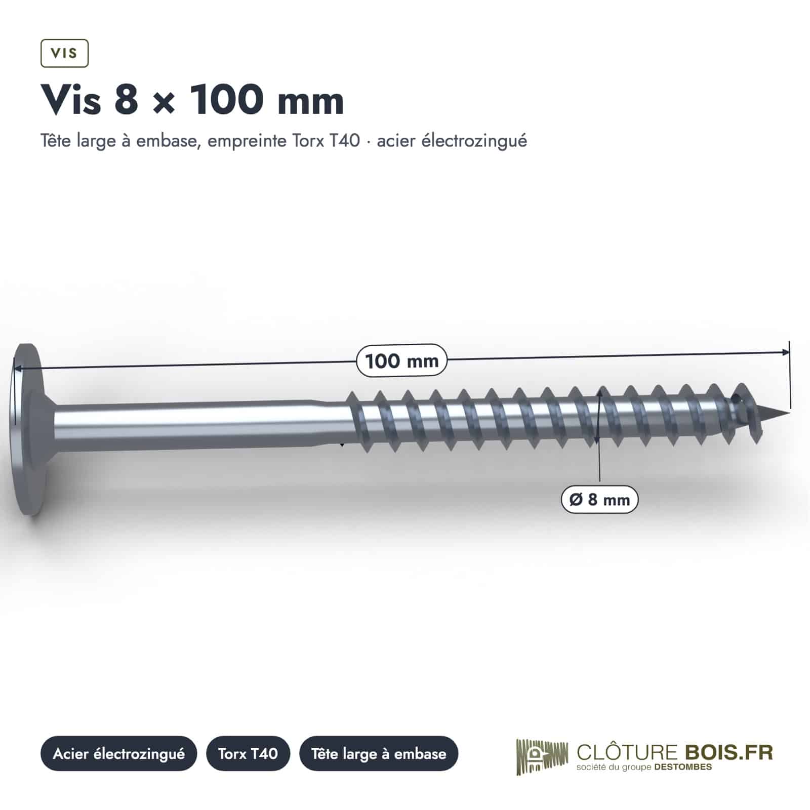 Vis à embase zinguée 6x80, 8x80 et 8x100, tête large, boîtes de 100 ou 50 : piece cotee