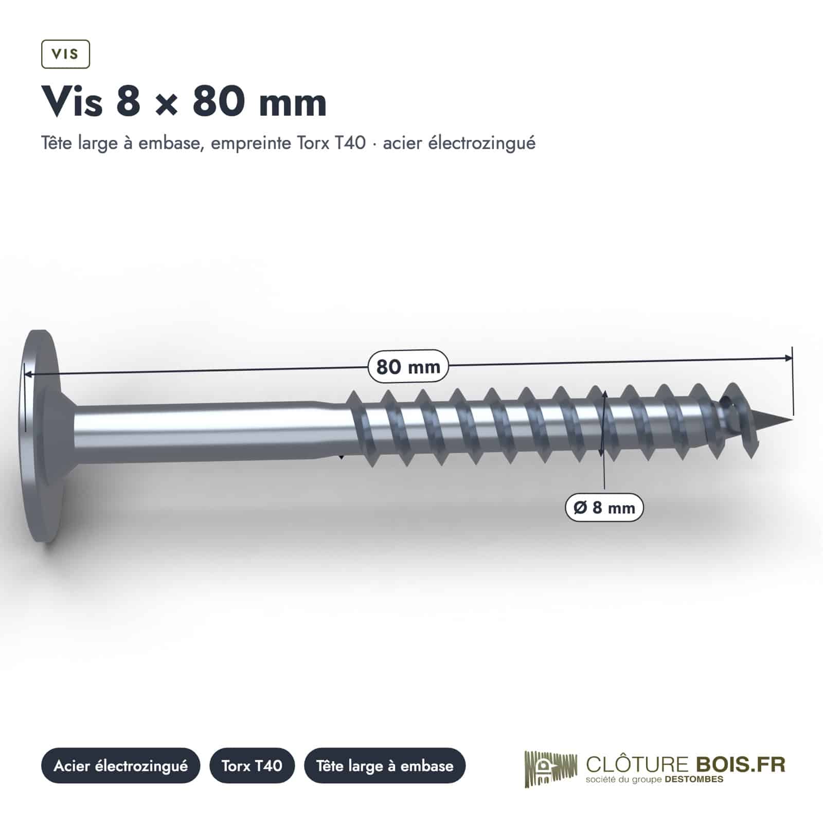 Vis à embase zinguée 6x80, 8x80 et 8x100, tête large, boîtes de 100 ou 50 : piece cotee