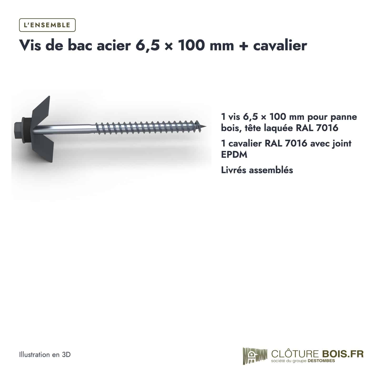 Vis bac acier cavalier EPDM 6,5x100, RAL 7016, vendue à l'unité : boite ou ensemble