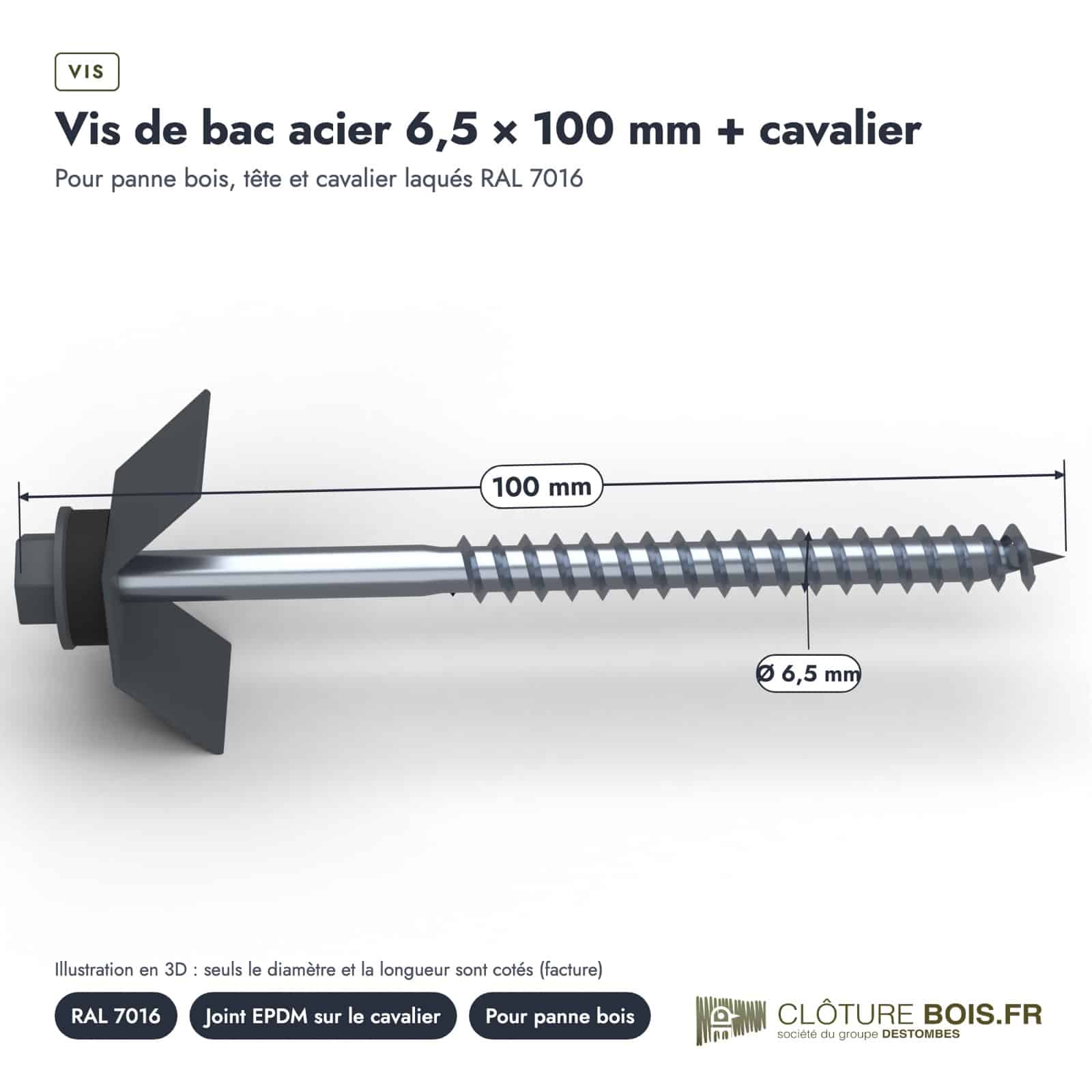 Vis bac acier cavalier EPDM 6,5x100, RAL 7016, vendue à l'unité : piece cotee
