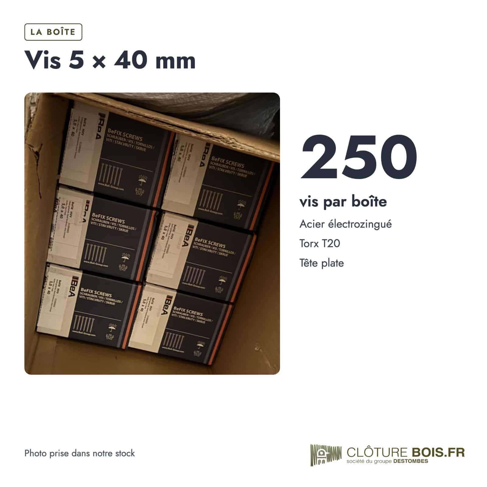 Vis BeFix 5x40 TX20 pour sabots et équerres, boîte de 250 : boite ou ensemble