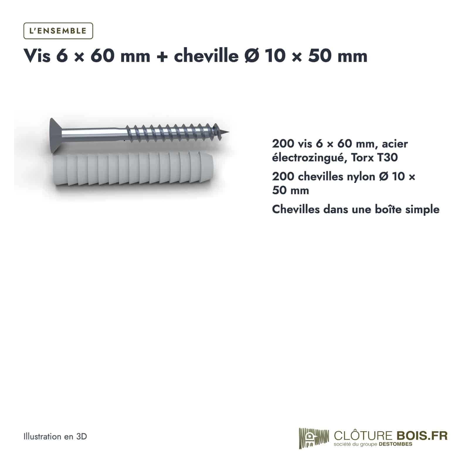 Vis et cheville 6x60 Torx T30, boîte de 200 vis et 200 chevilles nylon : boite ou ensemble