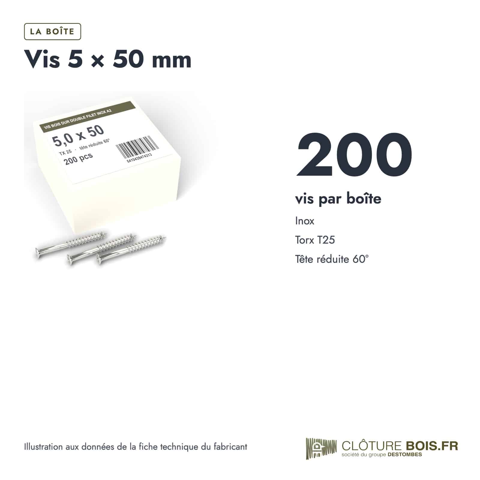 Vis bois dur 5x50 inox A2, tête réduite, double filet, boîte de 200 : boite ou ensemble