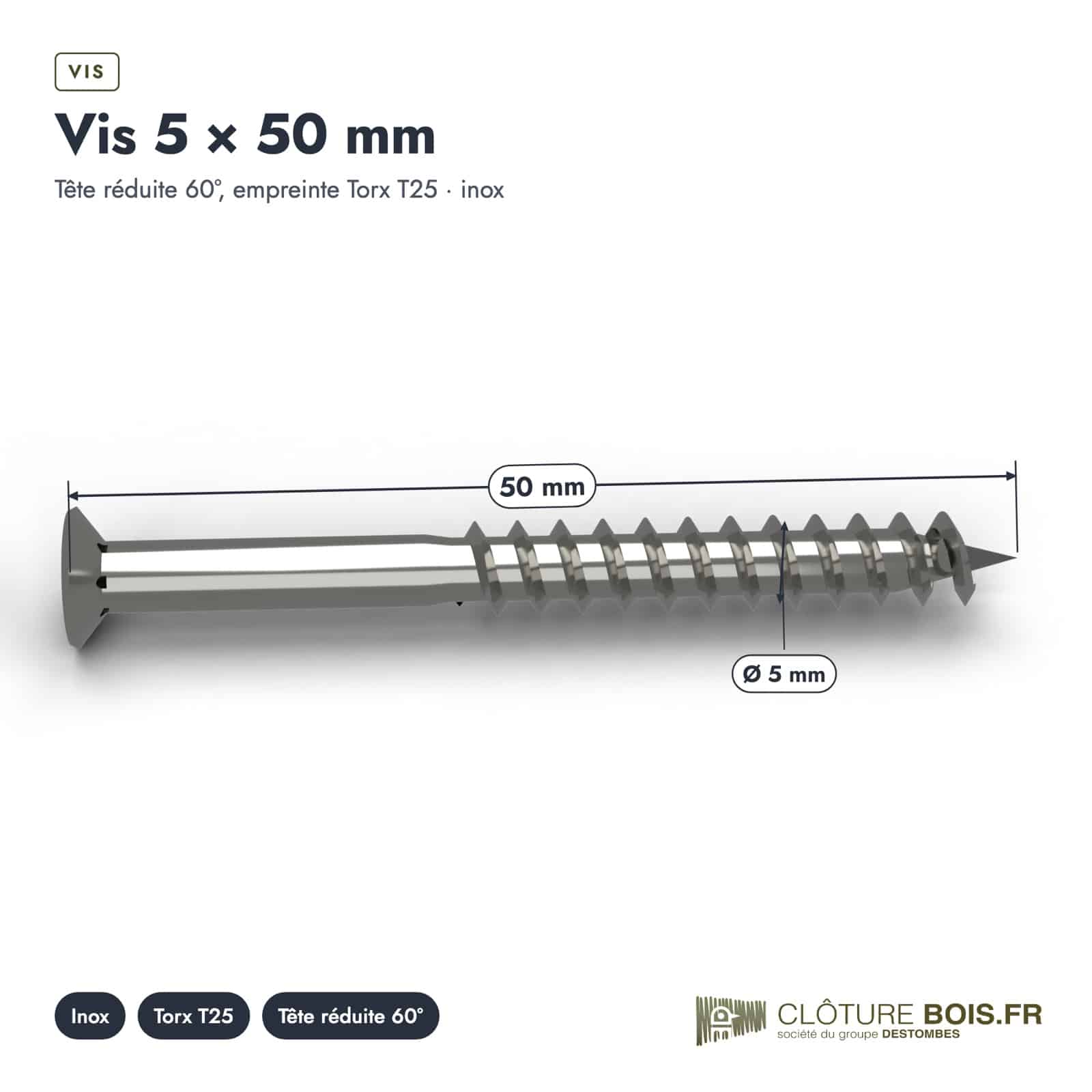 Vis bois dur 5x50 inox A2, tête réduite, double filet, boîte de 200 : piece cotee